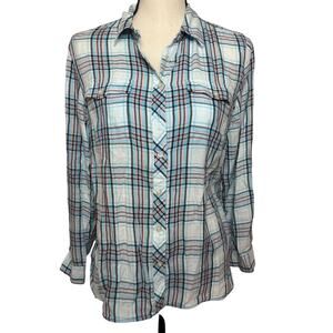 Talbots Tops Women's Large Petites Plaid Long Sleeve Collar Blouse Blue/Pink